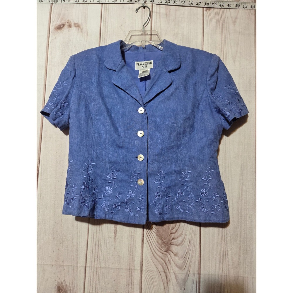 Plaza South Petite Blue Linen Blend Embroidered Short Sleeve Blazer Top Size 12P